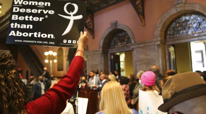 FILE - In this Feb. 17, 2021 file photo, Rep. Justin Bamberg, D-Bamberg, speaks against an abortion bill at a news conference in the Statehouse in Columbia, S.C.  The parties involved in a lawsuit over South Carolina’s new ban on almost all abortions disagree about how the case should be handled while the U.S. Supreme Court considers similar litigation from Mississippi, with those supporting the restrictions arguing that they should be allowed to collect information for their defense in the coming months. …