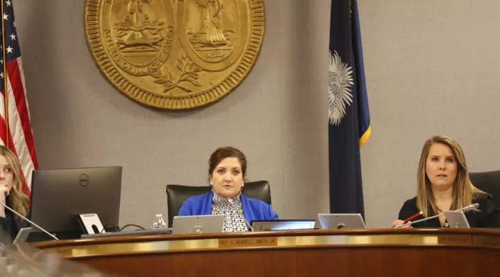 South Carolina Rep. Heather Crawford, R-Socastee, presides over a House subcommittee meeting on taxes on Thursday, Feb. 3, 2022, in Columbia, S.C. (AP Photo/Jeffrey Collins)