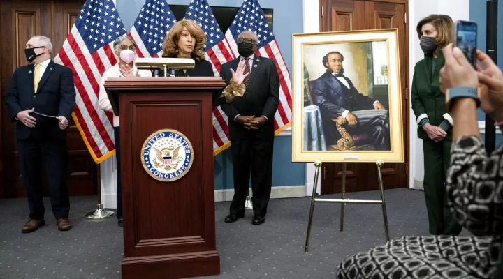 Joseph H. Rainey's great-granddaughter Lorna Rainey addresses reporters during a news conference to unveil the Joseph H. Rainey Room at the U.S. Capitol in Washington, Thursday, Feb. 3, 2022. Joseph H. Rainey was born into slavery in 1832. He was elected to Congress representing South Carolina and sworn into office in 1870, becoming the first Black member of the House. From left, House Minority Whip Rep. Steve Scalise, R.La., Rep. Joyce Beatty, D-Ohio, Lorna Rainey, House Majority Whip James Clyburn, D-S.C…