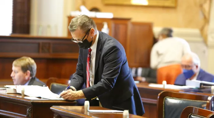 South Carolina Sen. Tom Davis, R-Beaufort, prepares to begin a debate on legalizing medical marijuana in the state on Wednesday, Jan. 26, 2022, in Columbia, S.C. Davis has been fighting for a floor debate on his proposal for seven years. (AP Photo/Jeffrey Collins)