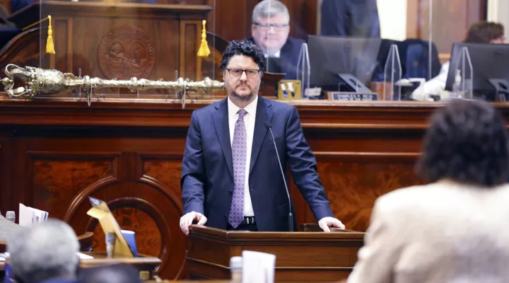 South Carolina House Majority Leader Gary Simrill, R-Rock Hill, talks about a plan to cut income taxes on Wednesday, Feb. 23, 2022, in Columbia, S.C. (AP Photo/Jeffrey Collins)