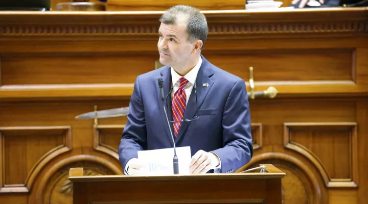 South Carolina Sen. Tom Young, R-Aiken, speaks in support of his bill banning drivers from holding cellphones on Wednesday, Feb. 23, 2022, in Columbia, S.C. (AP Photo/Jeffrey Collins)