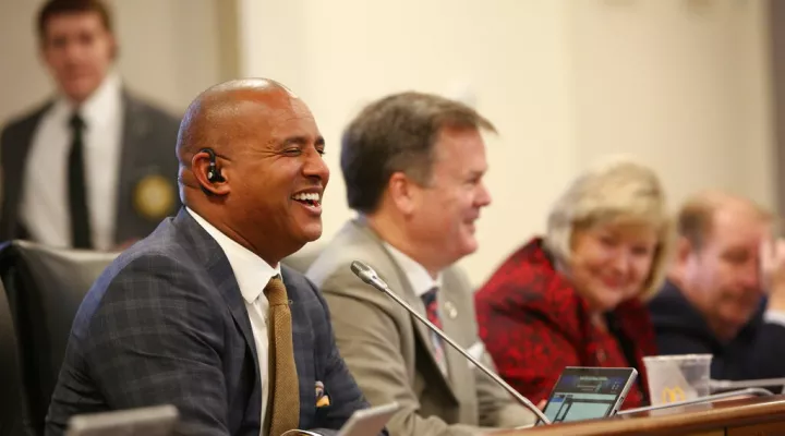 South Carolina House Minority Leader Todd Rutherford, D-Columbia, laughs during a House Ways and Means Committee meeting on Thursday, Feb. 24, 2022, in Columbia. S.C. (AP Photo/Jeffrey Collins)