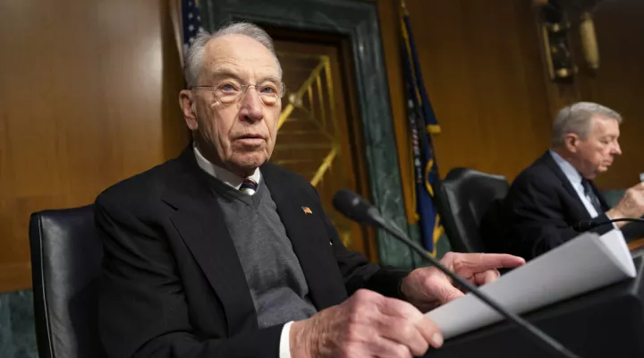 FILE - Sen. Chuck Grassley, R-Iowa, the ranking member of the Senate Judiciary Committee, joined at right by Chairman Dick Durbin, D-Ill., prepares for a meeting to advance President Joe Biden's nominees to the federal courts, at the Capitol in Washington, on Feb. 17, 2022. President Joe Biden and Senate Democrats say they are hoping for a bipartisan vote to confirm Ketanji Brown Jackson to the Supreme Court. (AP Photo/J. Scott Applewhite, File)