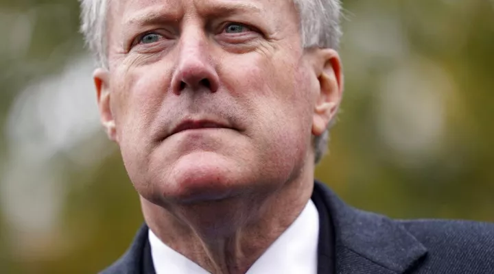 FILE - White House chief of staff Mark Meadows speaks with reporters outside the White House, Oct. 26, 2020, in Washington.  A judge has ordered former White House chief of staff Mark Meadows to travel to Atlanta to testify before a special grand jury that’s investigating whether then-President Donald Trump and his allies illegally tried to influence the state’s 2020 election.  (AP Photo/Patrick Semansky, File)