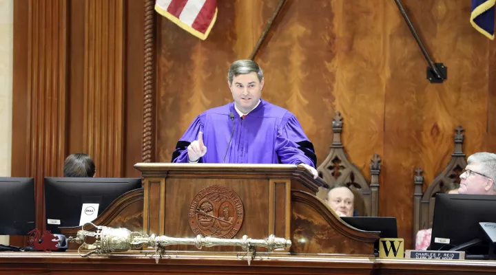 South Carolina Republican House Speaker Murrell Smith speaks to the body after being unanimously elected speaker on Tuesday, Dec. 6, 2022, in the House chambers in Columbia, S.C. (AP Photo/Jeffrey Collins)