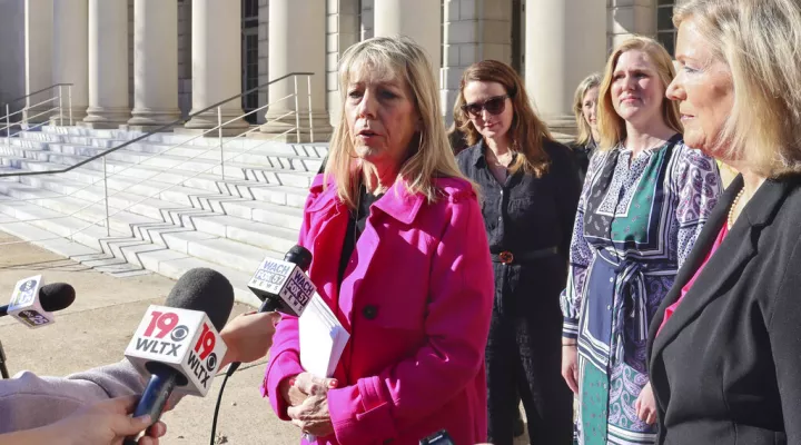 FILE - Planned Parenthood South Atlantic Director of Public Affairs Vicki Ringer addresses reporters on Thursday, Jan. 5, 2023, in Columbia, S.C. The South Carolina Supreme Court ruled 3-2 that a ban on abortions after cardiac activity violates the state constitution's right to privacy. (AP Photo/James Pollard, FIle)