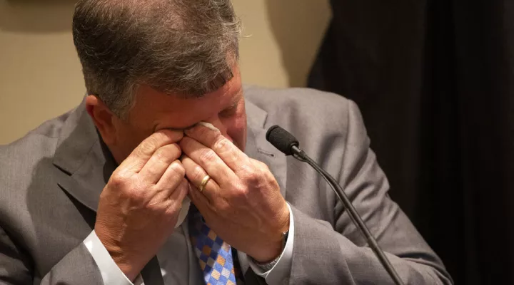 Chris Wilson, a trial attorney, tears up while questioned by prosecutor Creighton Waters during Alex Murdaugh's double murder trial, Thursday, Feb. 2, 2023, in Walterboro, S.C. The 54-year-old attorney is standing trial on two counts of murder in the shootings of his wife and son at their Colleton County home and hunting lodge on June 7, 2021. (Andrew J. Whitaker/The Post And Courier via AP)