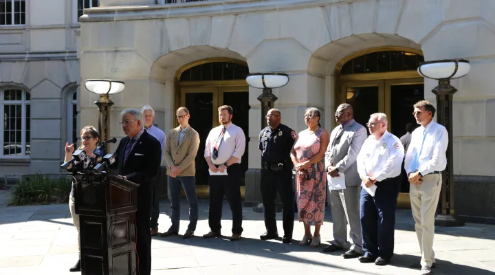 Charleston Mayor John Tecklenburg is joined by city leaders as he announces preparation plans for Tropical Storm Idalia which is expected to intensify into a hurricane as it hits Florida and travels along toward South Carolina. Aug. 28, 2023
