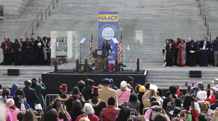 U.S. Vice President Kamala Harris speaks to a crowd at the NAACP's MLK Day at the Dome rally at the South Carolina Statehouse on Monday, Jan. 15, 2024, in Columbia, S.C. (AP Photo/Jeffrey Collins)