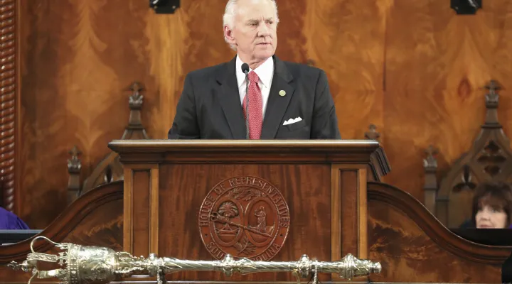 South Carolina Gov. Henry McMaster gives his State of the State address on Wednesday, Jan. 24, 2024, in Columbia, S.C. (AP Photo/Jeffrey Collins)