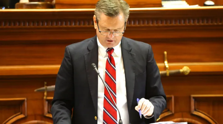 FILE - South Carolina Sen. Tom Davis, R-Beaufort, begins a debate on legalizing medical marijuana in the state on Wednesday, Jan. 26, 2022, in Columbia, S.C.   Davis said he was cited for public intoxication early Jan. 1, 2023, while sitting in a parked car after realizing he was too intoxicated to drive in Lexington, S.C. (AP Photo/Jeffrey Collins, File)
